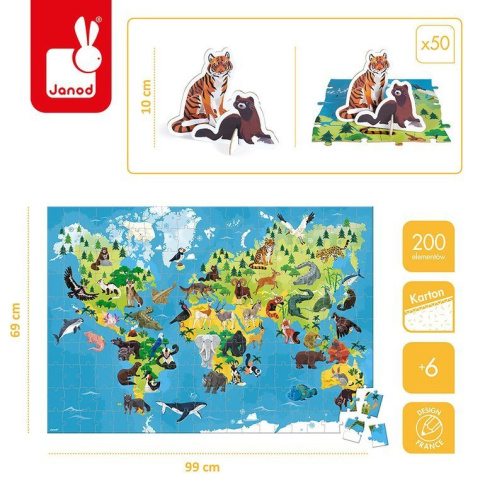 Puzzle edukacyjne z figurkami 3D Zagrożone gatunki 200 elementów 6+ Janod